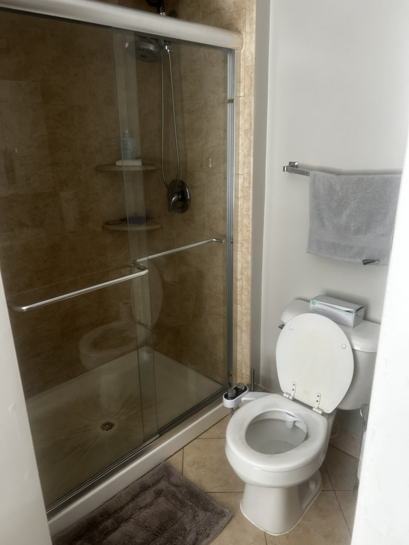 Bathroom after cleaning with shining shower glass and polished tile